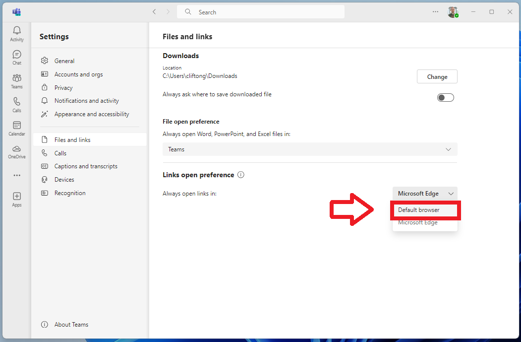 Default internet browser for links opened in teams help center